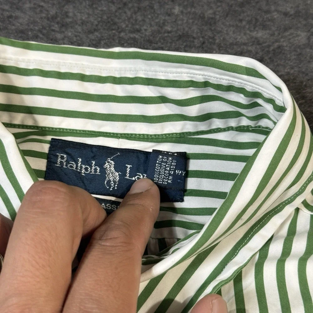 VTG Polo Ralph Lauren Classic Fit Shirt Men's L Green Striped Orange Pony 90s